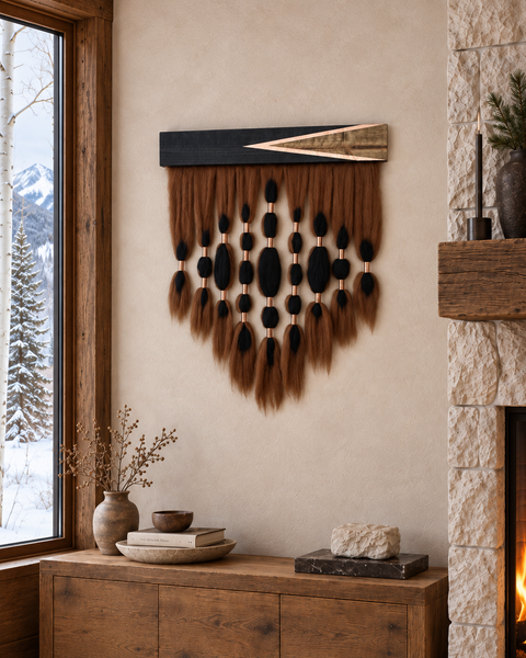 The Maxon black and brown wool wall hanging with copper accents above a leather bench in a snowy Aspen cabin reading nook.