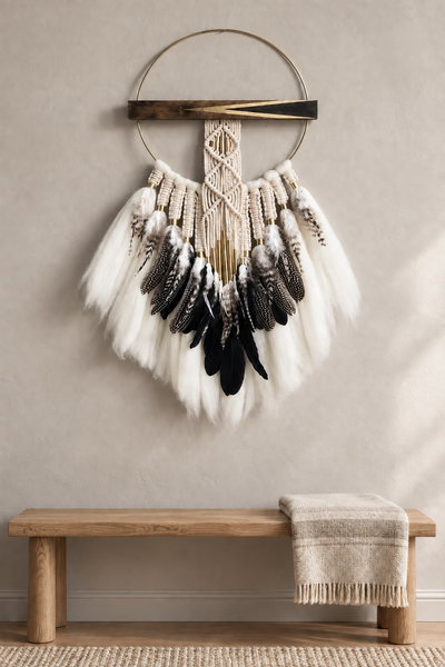 The Hawken textural wall hanging featuring fluffy merino wool, layered feathers, brass accents and gold-leafed wood in an Aspen-inspired entryway