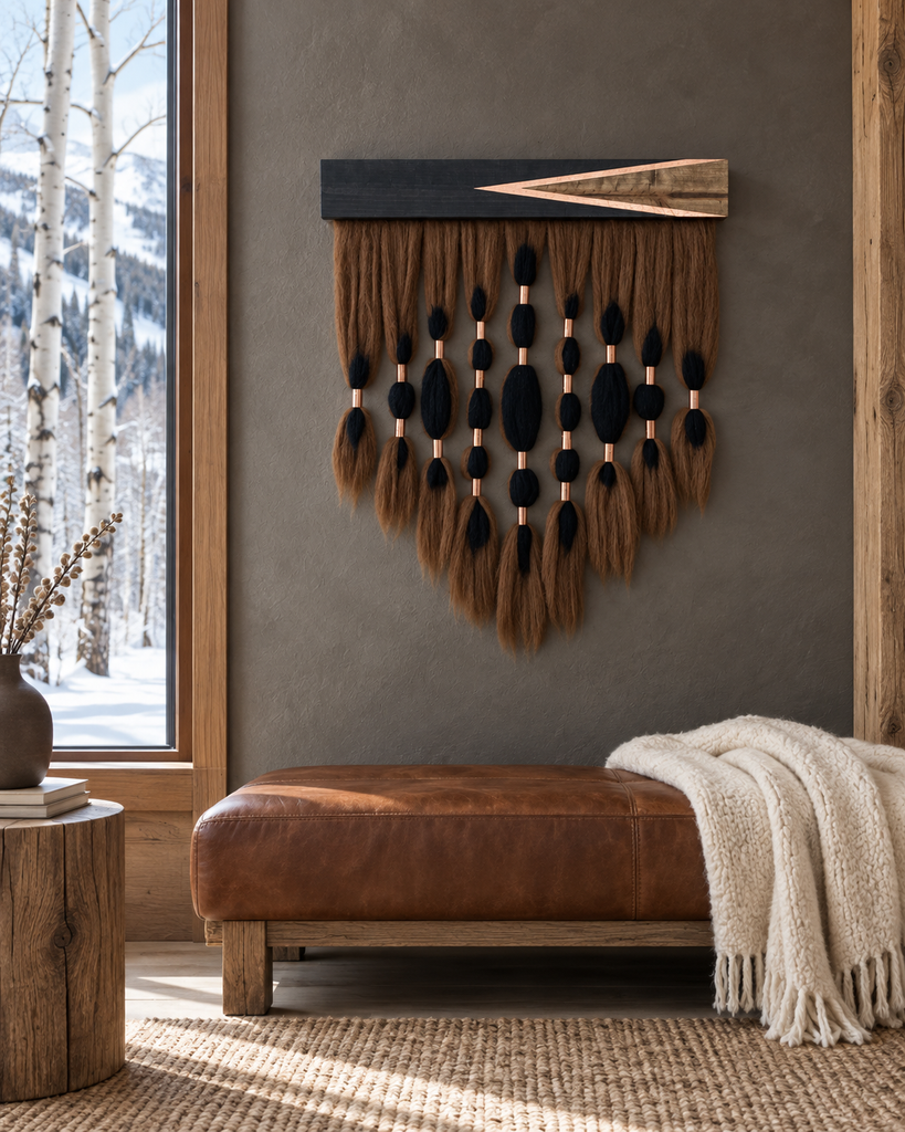 The Maxon textural wall hanging by Timber & Torch featuring cascading brown and black wool fibers, copper accents, and a geometric wood top with copper leafing, styled in a warm modern mountain interior.