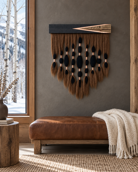 The Maxon black and brown wool wall hanging with copper accents above a leather bench in a snowy Aspen cabin reading nook.