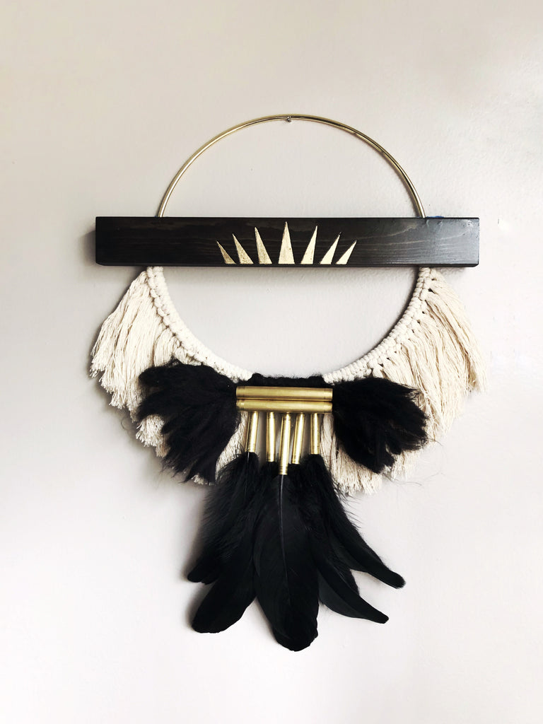 Macrame, bohemian decor, brass and macrame wall hanging. Wood burned and gold leafed macrame and feathered wall hanging